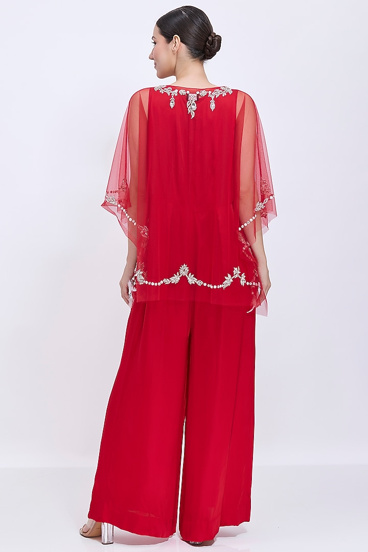 Red Blended Satin Jumpsuit With Kaftan by Dilnaz Karbhary at Pernia's Pop Up Shop