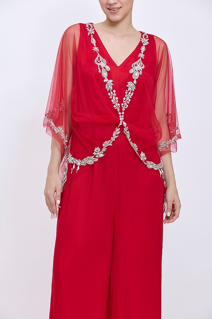 Red Blended Satin Jumpsuit With Kaftan by Dilnaz Karbhary at Pernia's Pop Up Shop