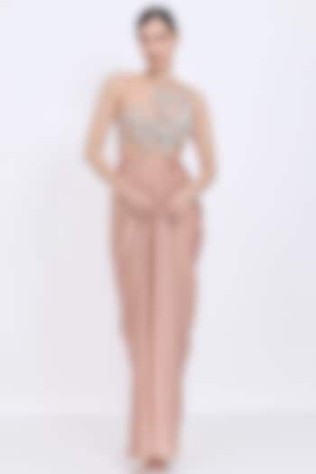 Nude Blended Satin & Polyester Satin Embroidered Draped Engagement Gown by Dilnaz Karbhary at Pernia's Pop Up Shop