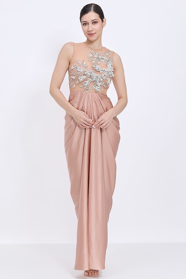 Nude Blended Satin & Polyester Satin Embroidered Draped Engagement Gown by Dilnaz Karbhary at Pernia's Pop Up Shop