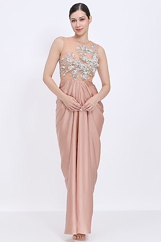 Nude Blended Satin & Polyester Satin Embroidered Draped Gown by Dilnaz Karbhary