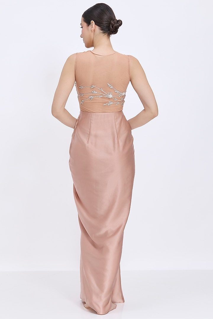 Nude Blended Satin & Polyester Satin Embroidered Draped Engagement Gown by Dilnaz Karbhary at Pernia's Pop Up Shop