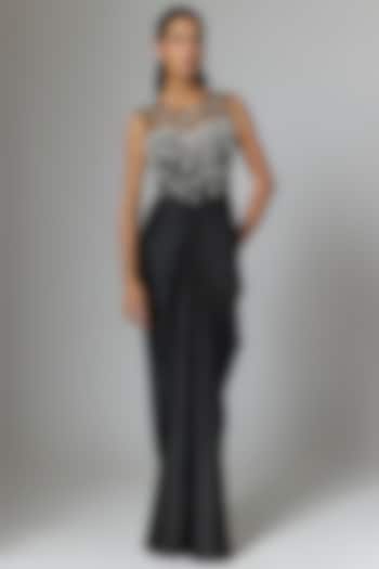 Black Satin & Net Draped Engagement Gown by Dilnaz Karbhary at Pernia's Pop Up Shop
