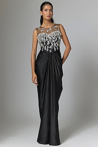 Black Satin & Net Draped Gown by Dilnaz Karbhary