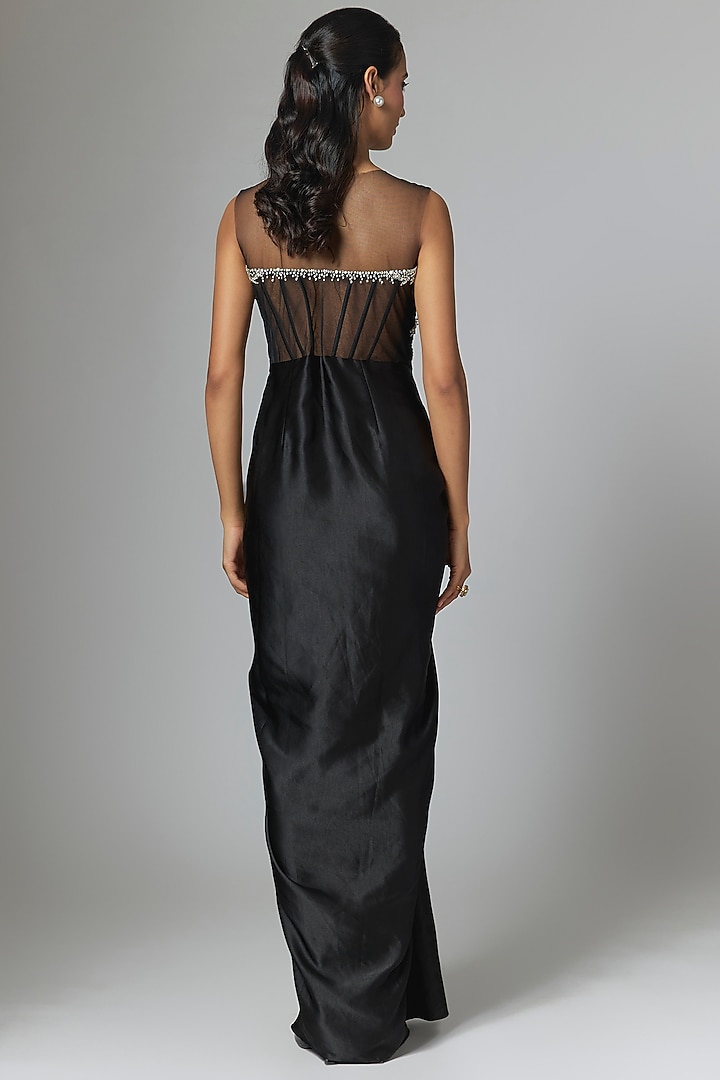 Black Satin & Net Draped Engagement Gown by Dilnaz Karbhary at Pernia's Pop Up Shop