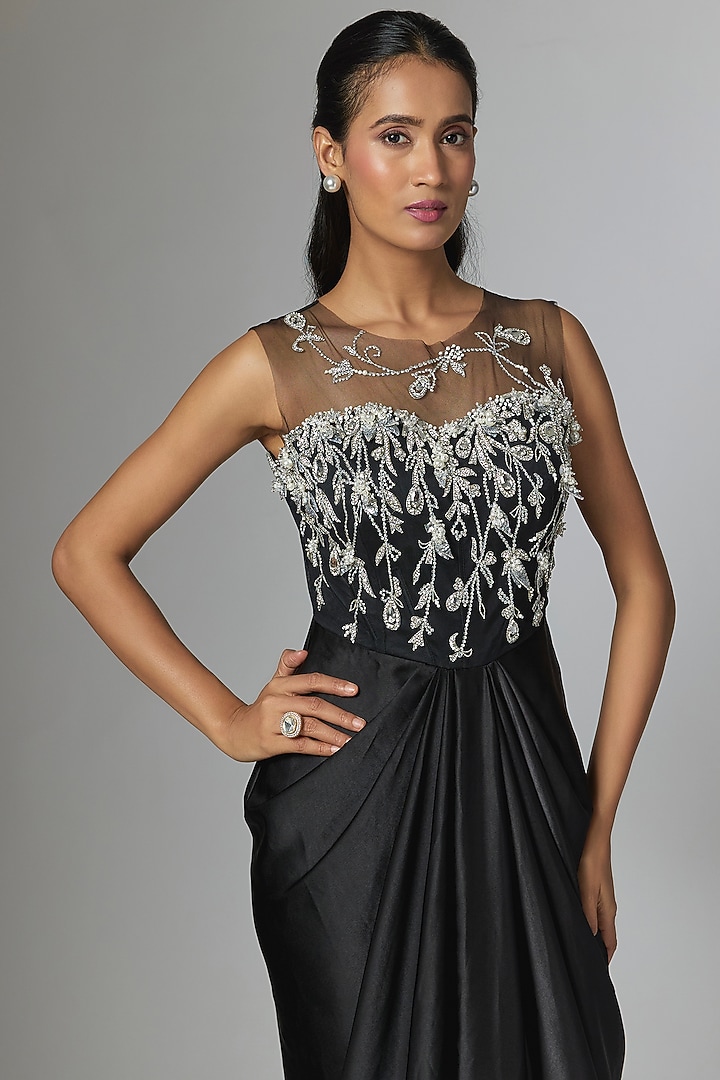Black Satin & Net Draped Engagement Gown by Dilnaz Karbhary at Pernia's Pop Up Shop