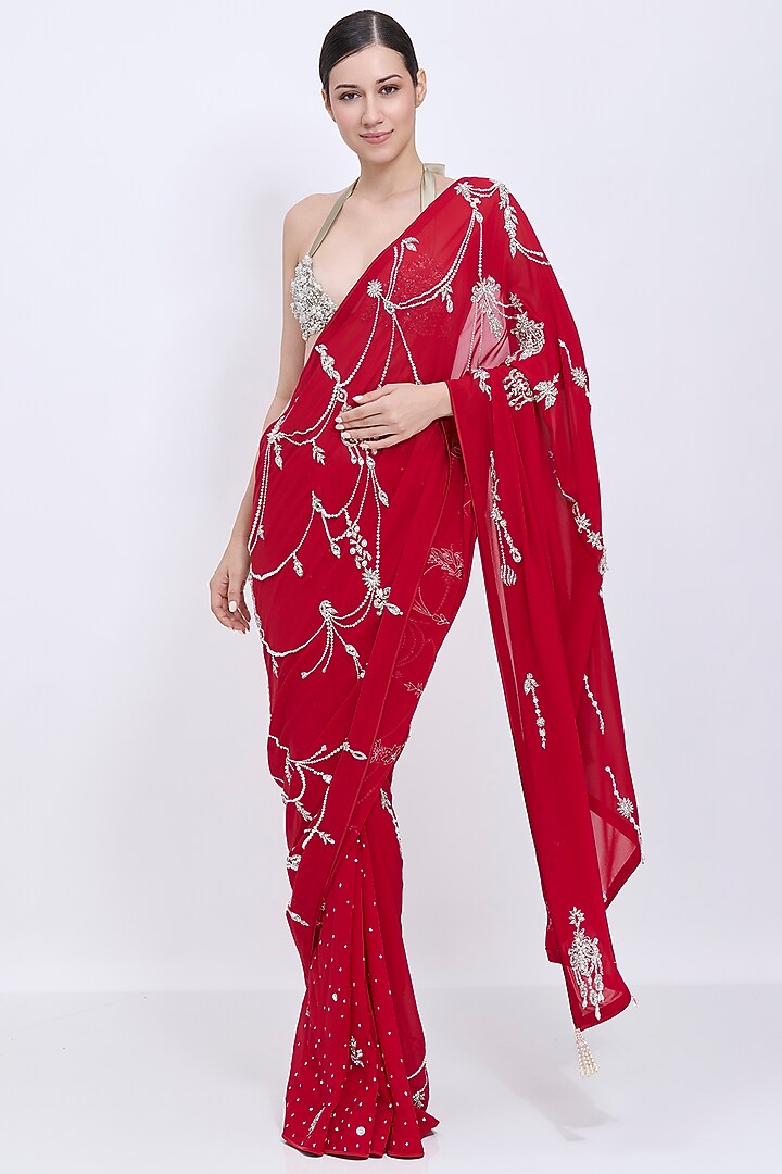 Red Georgette Hand Embroidered Reception Saree by Dilnaz Karbhary at Pernia's Pop Up Shop