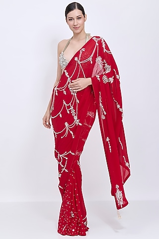 Red Georgette Hand Embroidered Saree by Dilnaz Karbhary
