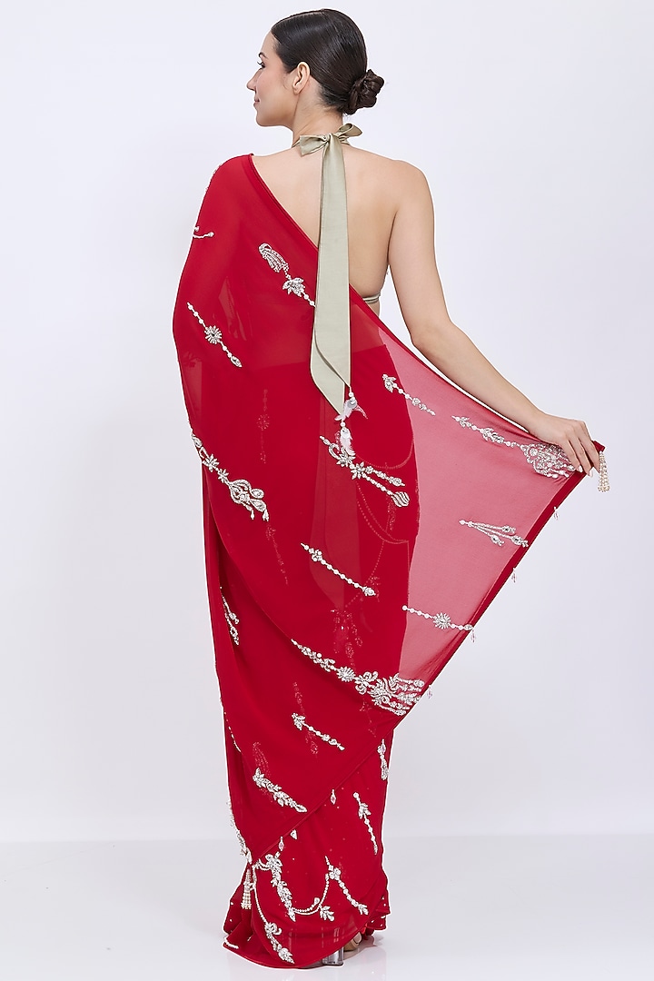 Red Georgette Hand Embroidered Reception Saree by Dilnaz Karbhary at Pernia's Pop Up Shop