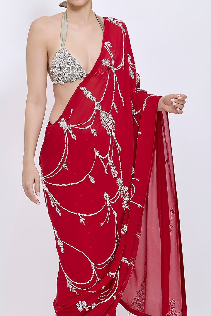 Red Georgette Hand Embroidered Reception Saree by Dilnaz Karbhary at Pernia's Pop Up Shop