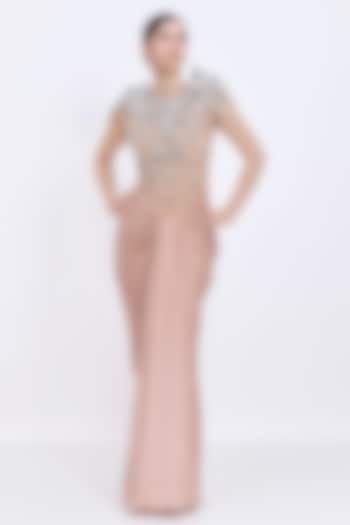 Nude Blended Satin & Polyester Satin Hand Embroidered Draped Wedding Gown by Dilnaz Karbhary at Pernia's Pop Up Shop