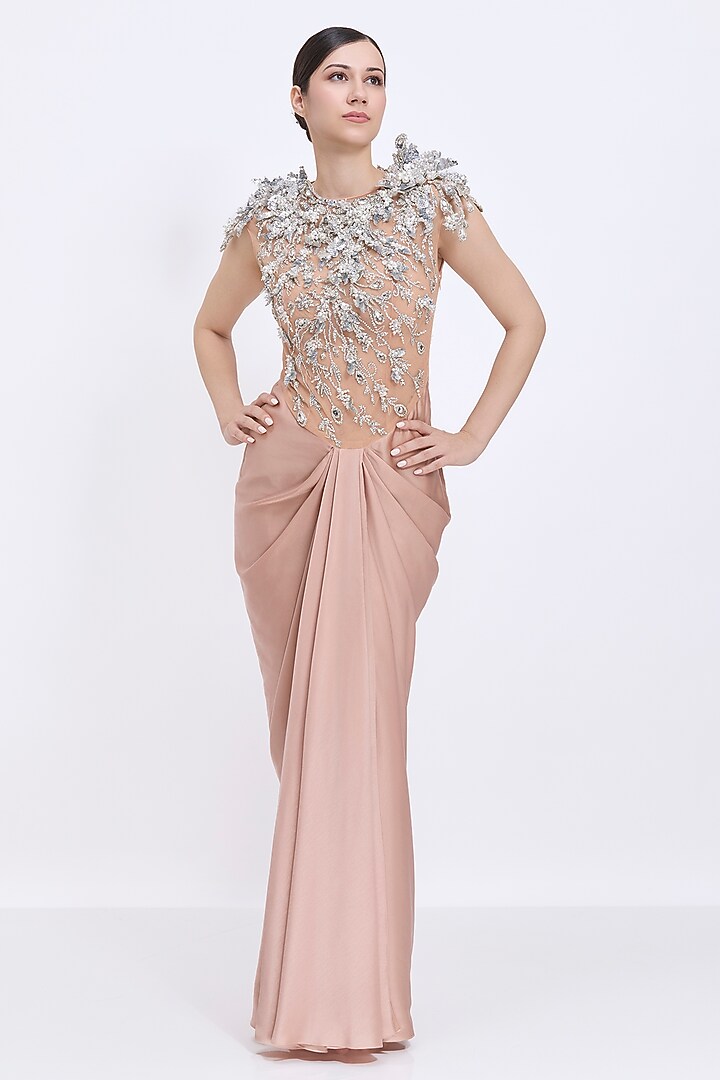 Nude Blended Satin & Polyester Satin Hand Embroidered Draped Wedding Gown by Dilnaz Karbhary at Pernia's Pop Up Shop