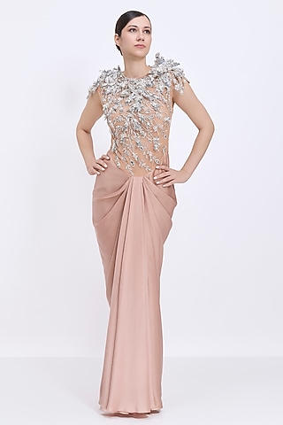Nude Blended Satin & Polyester Satin Hand Embroidered Draped Gown by Dilnaz Karbhary