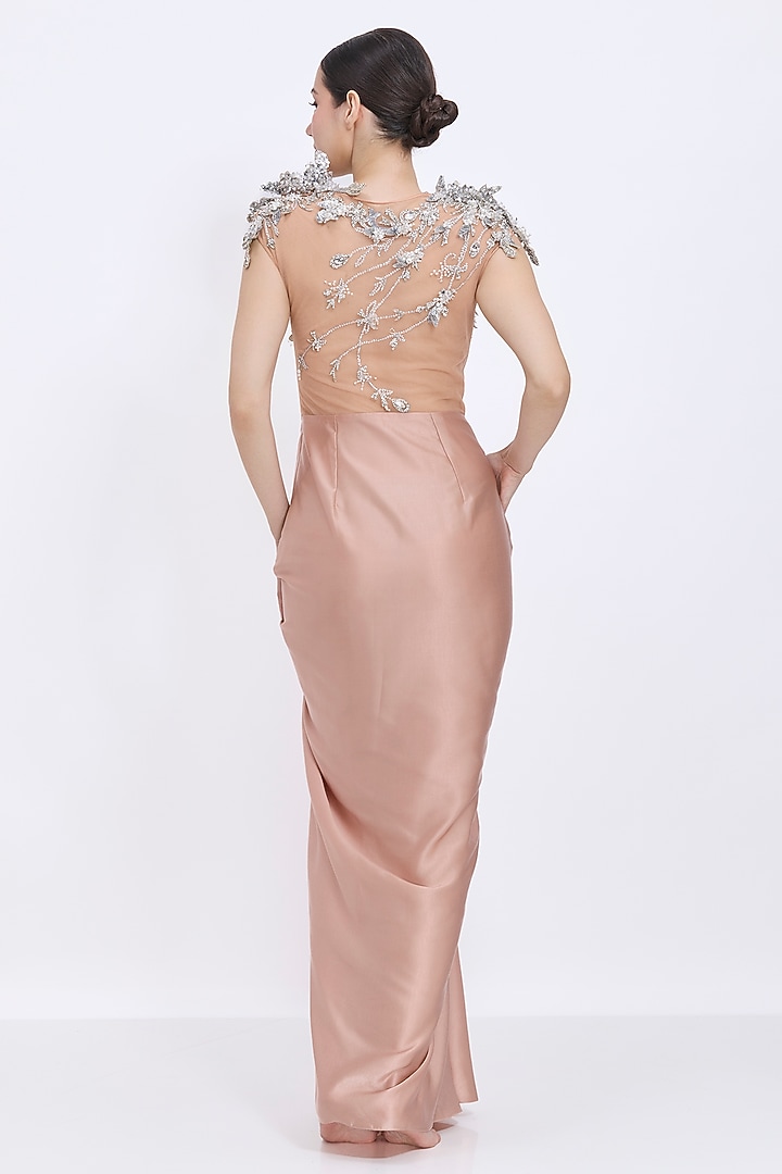 Nude Blended Satin & Polyester Satin Hand Embroidered Draped Wedding Gown by Dilnaz Karbhary at Pernia's Pop Up Shop