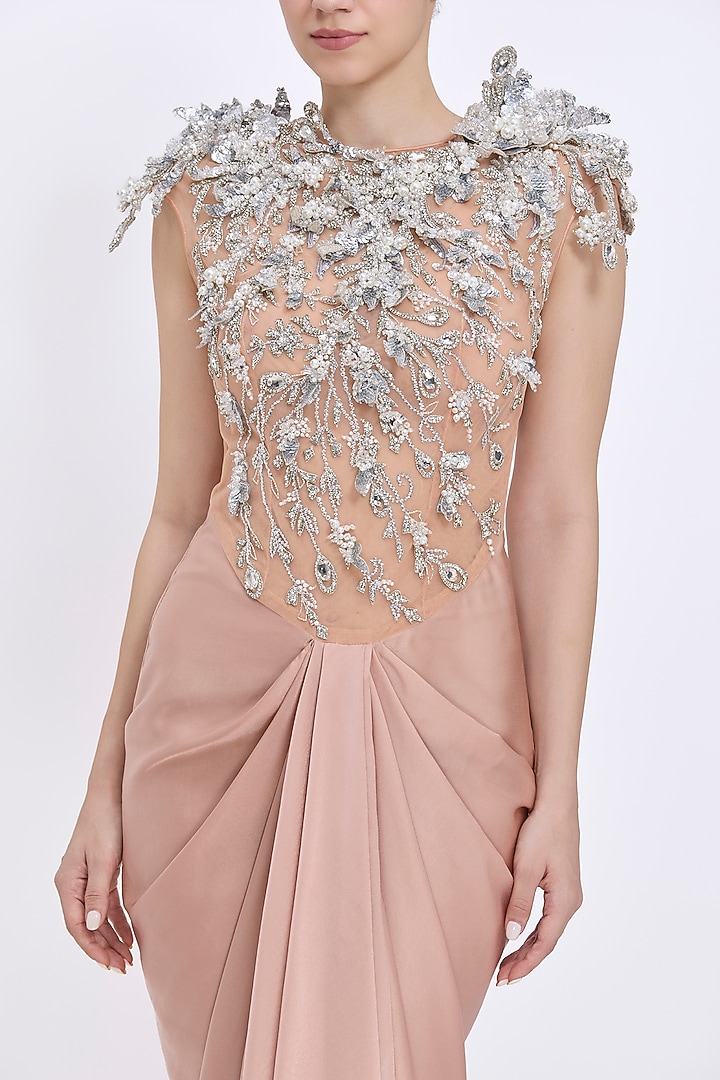 Nude Blended Satin & Polyester Satin Hand Embroidered Draped Wedding Gown by Dilnaz Karbhary at Pernia's Pop Up Shop