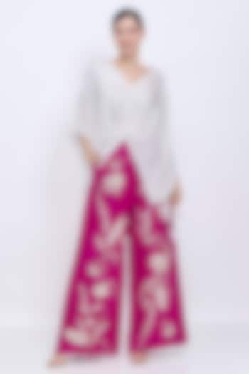 Jamun-Colored Blended Linen Machine Embroidered Trousers by Dilnaz Karbhary at Pernia's Pop Up Shop