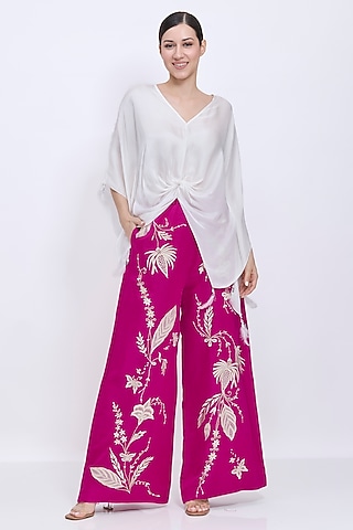 Jamun-Colored Blended Linen Machine Embroidered Trousers by Dilnaz Karbhary