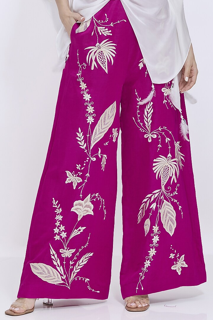 Jamun-Colored Blended Linen Machine Embroidered Trousers by Dilnaz Karbhary at Pernia's Pop Up Shop