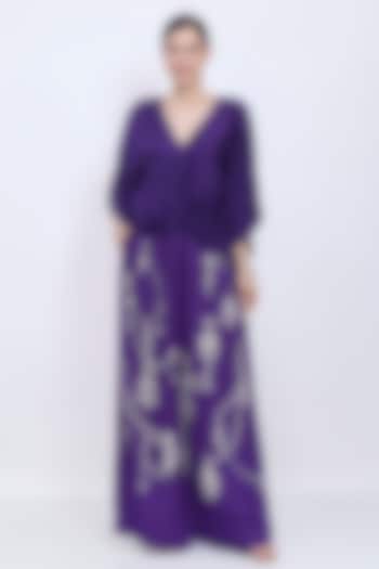 Purple Blended Linen Hand Embroidered Trousers by Dilnaz Karbhary at Pernia's Pop Up Shop