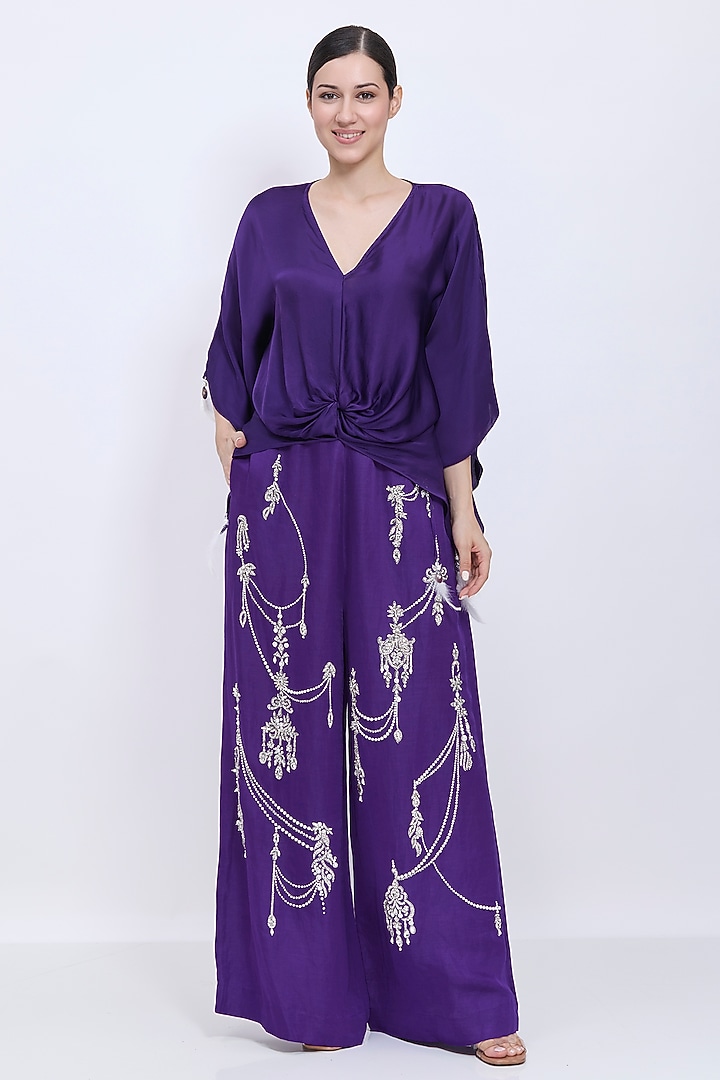 Purple Blended Linen Hand Embroidered Trousers by Dilnaz Karbhary at Pernia's Pop Up Shop