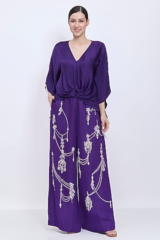Purple Blended Linen Hand Embroidered Trousers by Dilnaz Karbhary