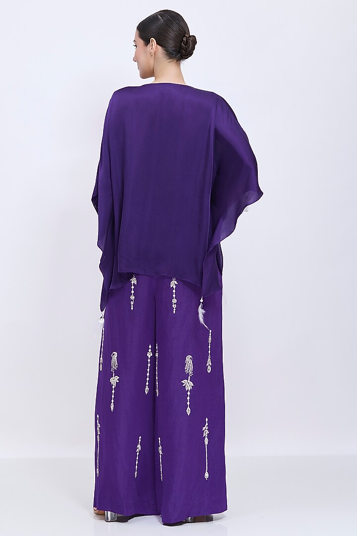 Purple Blended Linen Hand Embroidered Trousers by Dilnaz Karbhary at Pernia's Pop Up Shop