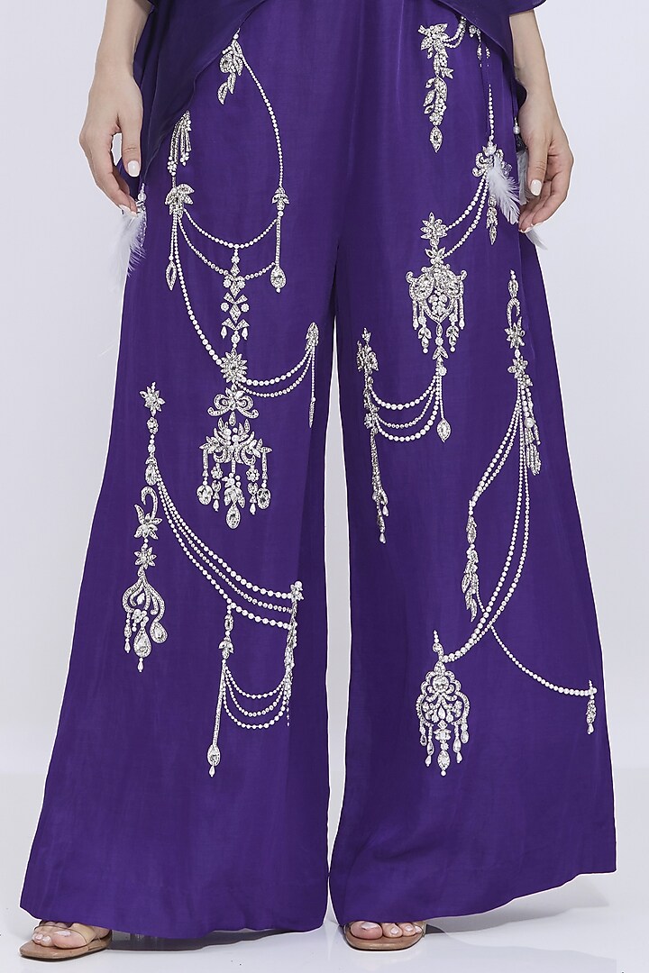 Purple Blended Linen Hand Embroidered Trousers by Dilnaz Karbhary at Pernia's Pop Up Shop
