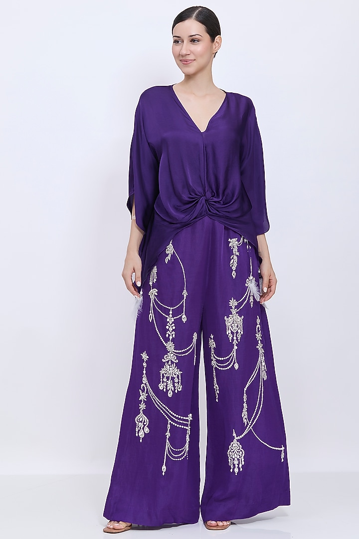 Purple Blended Satin Draped Kaftan by Dilnaz Karbhary at Pernia's Pop Up Shop