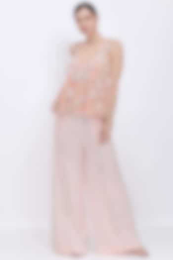 Light Peach Blended linen Hand Embroidered Trousers by Dilnaz Karbhary at Pernia's Pop Up Shop