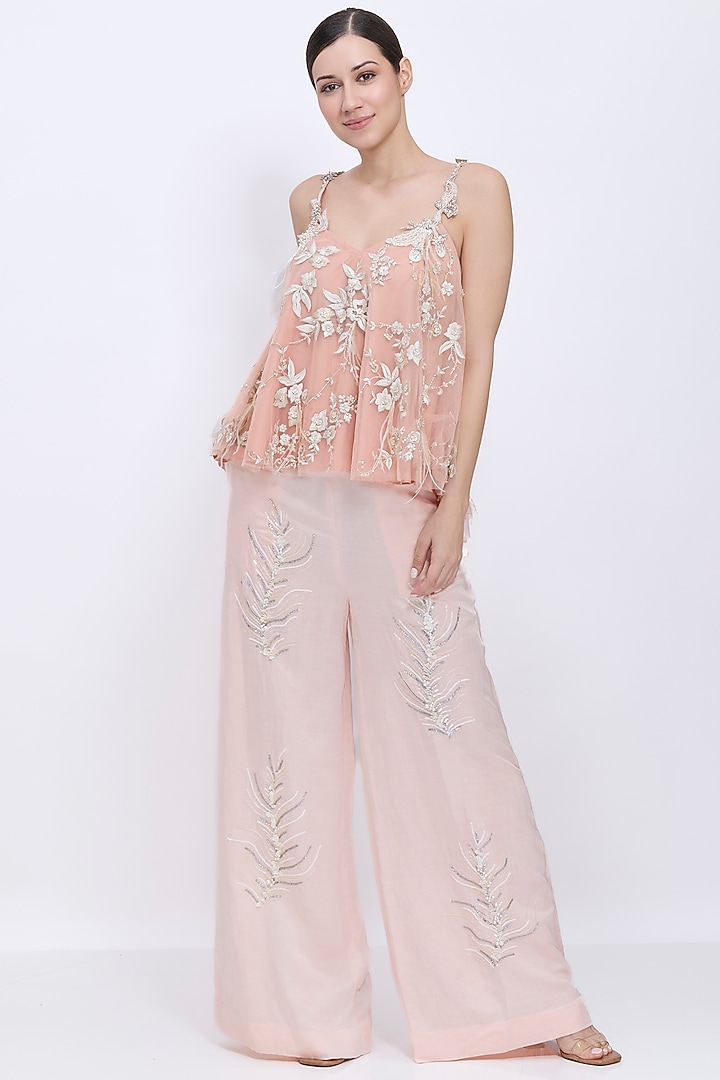 Light Peach Blended linen Hand Embroidered Trousers by Dilnaz Karbhary at Pernia's Pop Up Shop