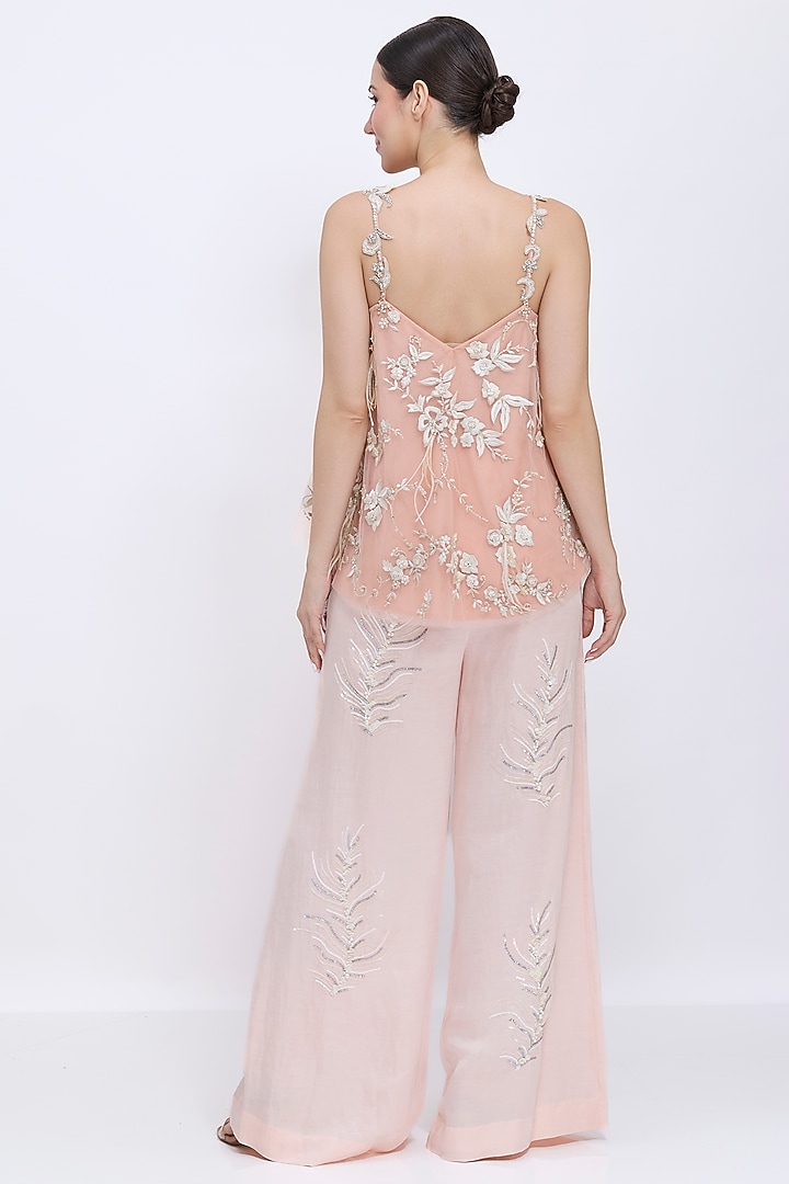 Light Peach Blended linen Hand Embroidered Trousers by Dilnaz Karbhary at Pernia's Pop Up Shop