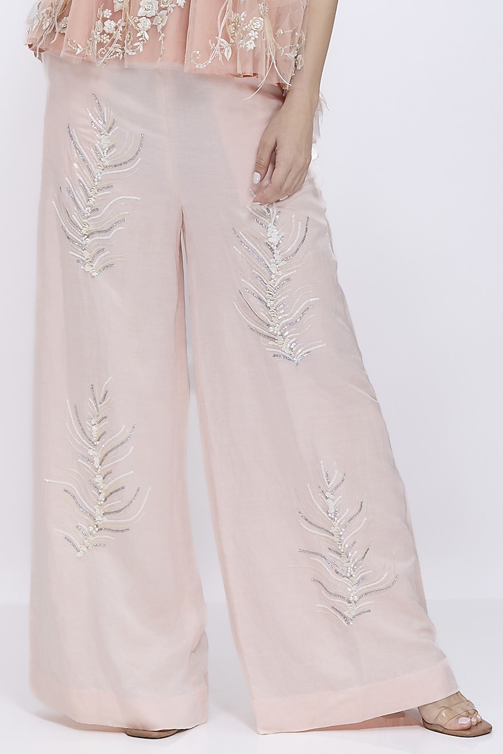 Light Peach Blended linen Hand Embroidered Trousers by Dilnaz Karbhary at Pernia's Pop Up Shop