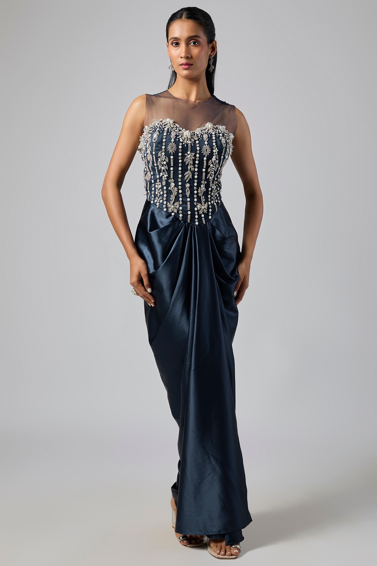 Dilnaz Karbhary Navy Blue Net & Mocha Satin Embroidered Draped Gown