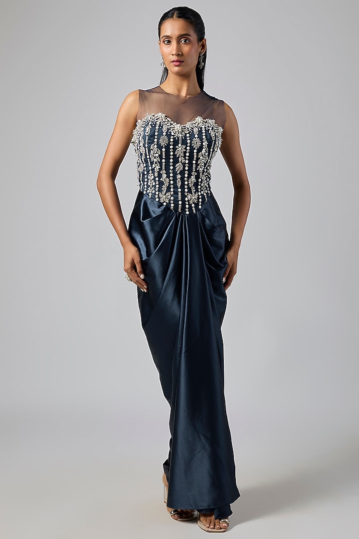 Navy Blue Net & Mocha Satin Embroidered Draped Engagement Gown by Dilnaz Karbhary at Pernia's Pop Up Shop