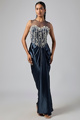 Navy Blue Net & Mocha Satin Embroidered Draped Gown by Dilnaz Karbhary