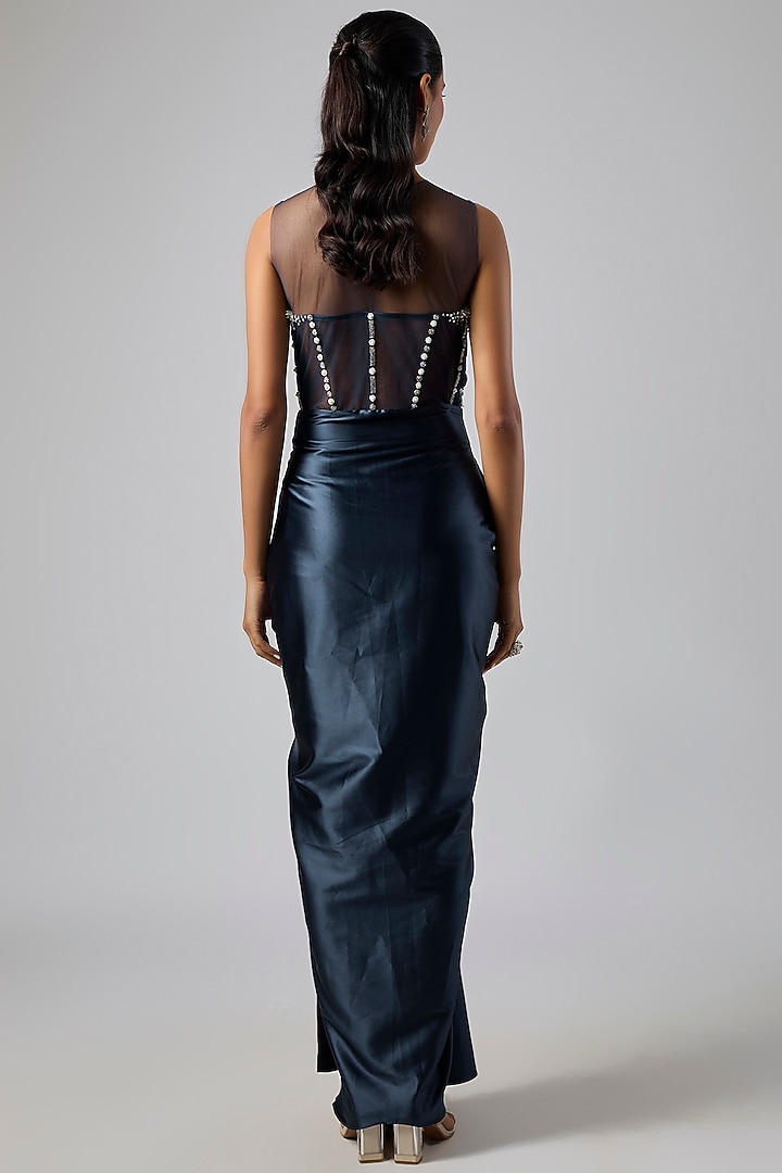 Navy Blue Net & Mocha Satin Embroidered Draped Engagement Gown by Dilnaz Karbhary at Pernia's Pop Up Shop