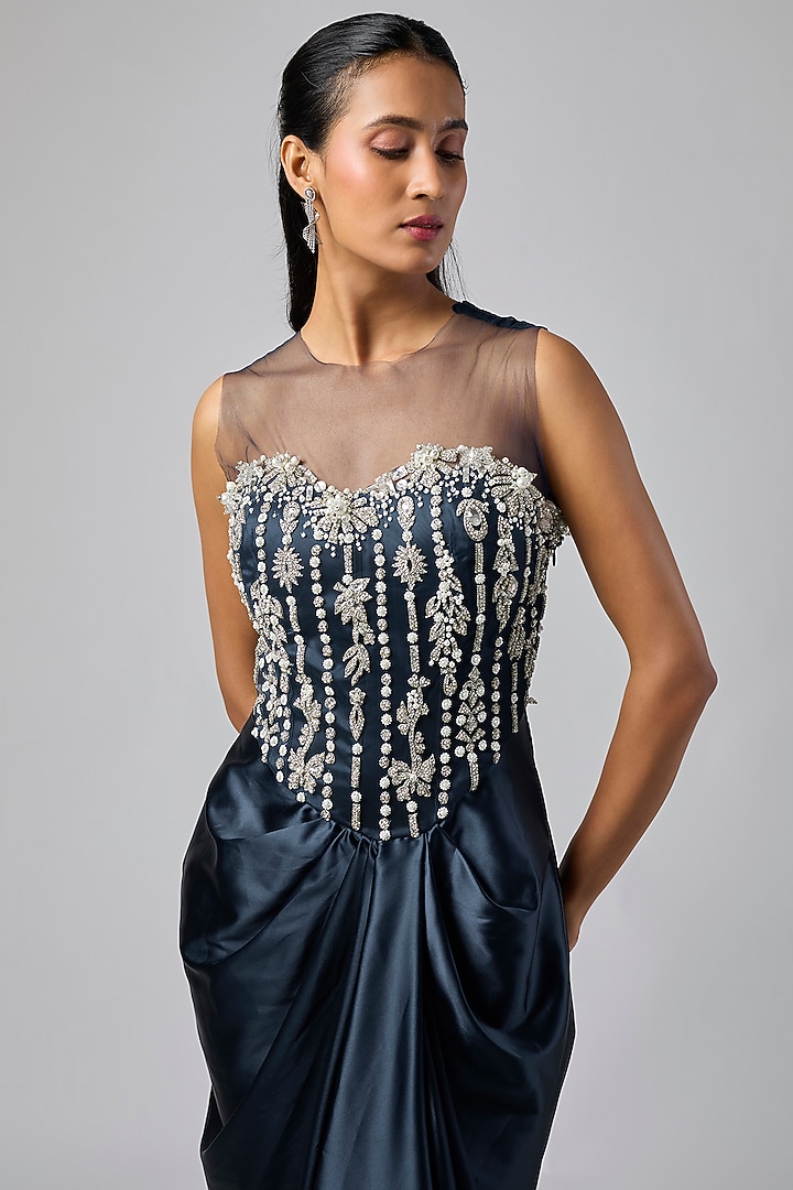 Navy Blue Net & Mocha Satin Embroidered Draped Engagement Gown by Dilnaz Karbhary at Pernia's Pop Up Shop