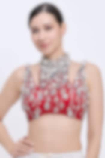 Red Net & Polyester Satin Hand Embroidered Blouse by Dilnaz Karbhary at Pernia's Pop Up Shop