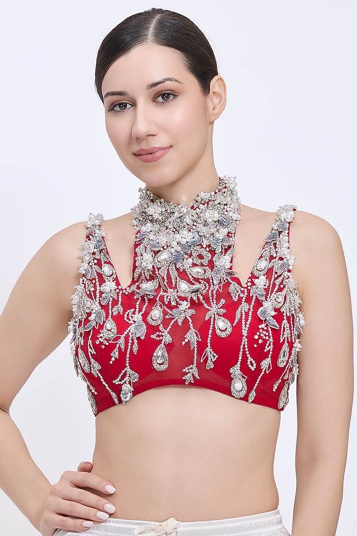 Red Net & Polyester Satin Hand Embroidered Blouse by Dilnaz Karbhary at Pernia's Pop Up Shop