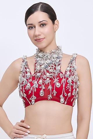 Red Net & Polyester Satin Hand Embroidered Blouse by Dilnaz Karbhary