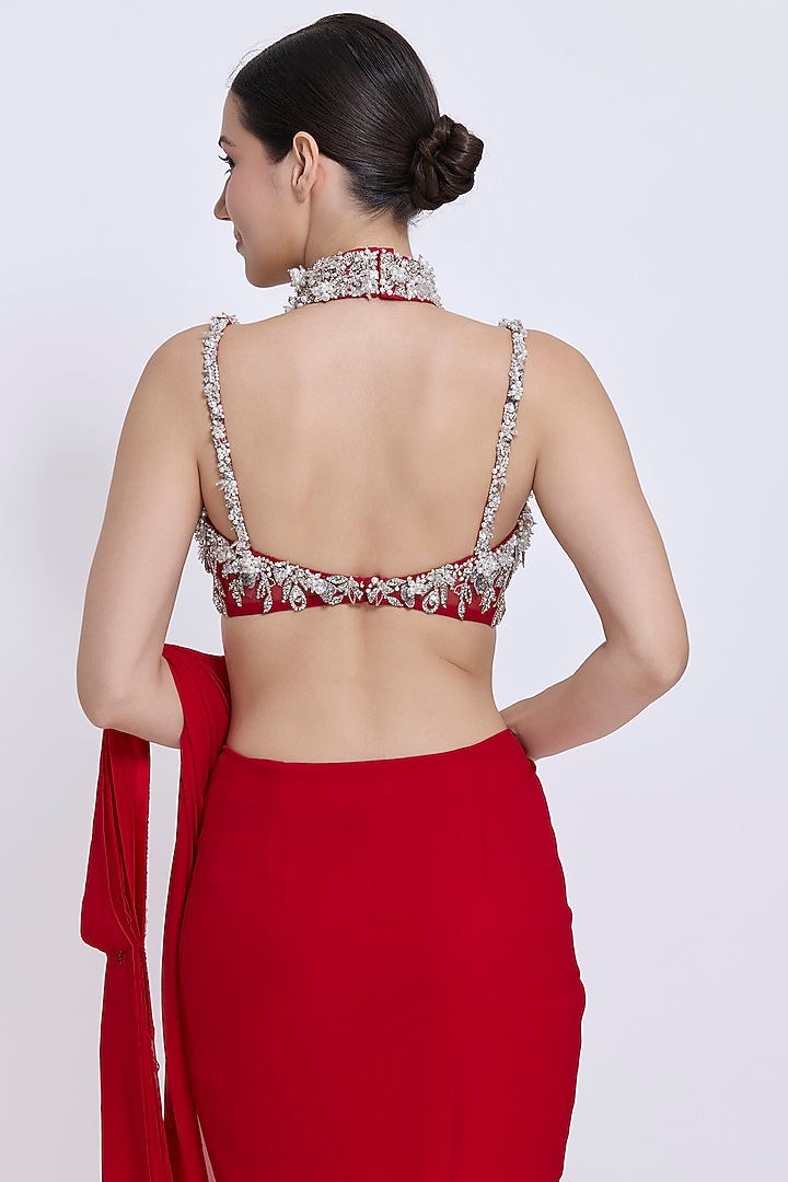Red Net & Polyester Satin Hand Embroidered Blouse by Dilnaz Karbhary at Pernia's Pop Up Shop