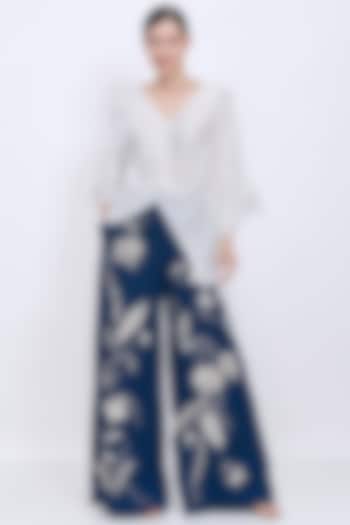 Sapphire Blended Linen Machine Embroidered Trousers by Dilnaz Karbhary at Pernia's Pop Up Shop