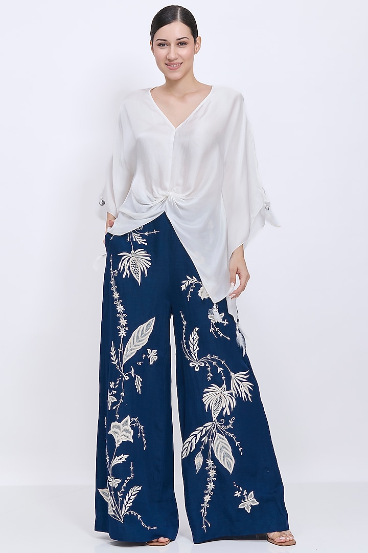 Sapphire Blended Linen Machine Embroidered Trousers by Dilnaz Karbhary at Pernia's Pop Up Shop