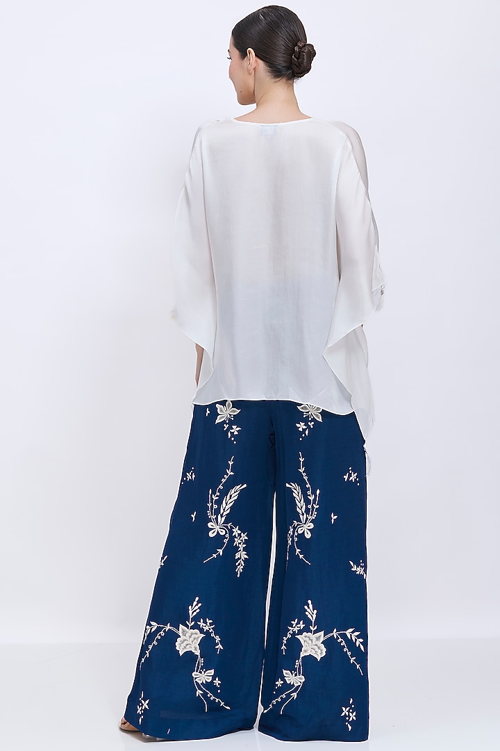 Sapphire Blended Linen Machine Embroidered Trousers by Dilnaz Karbhary at Pernia's Pop Up Shop