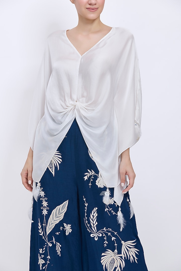 Sapphire Blended Linen Machine Embroidered Trousers by Dilnaz Karbhary at Pernia's Pop Up Shop
