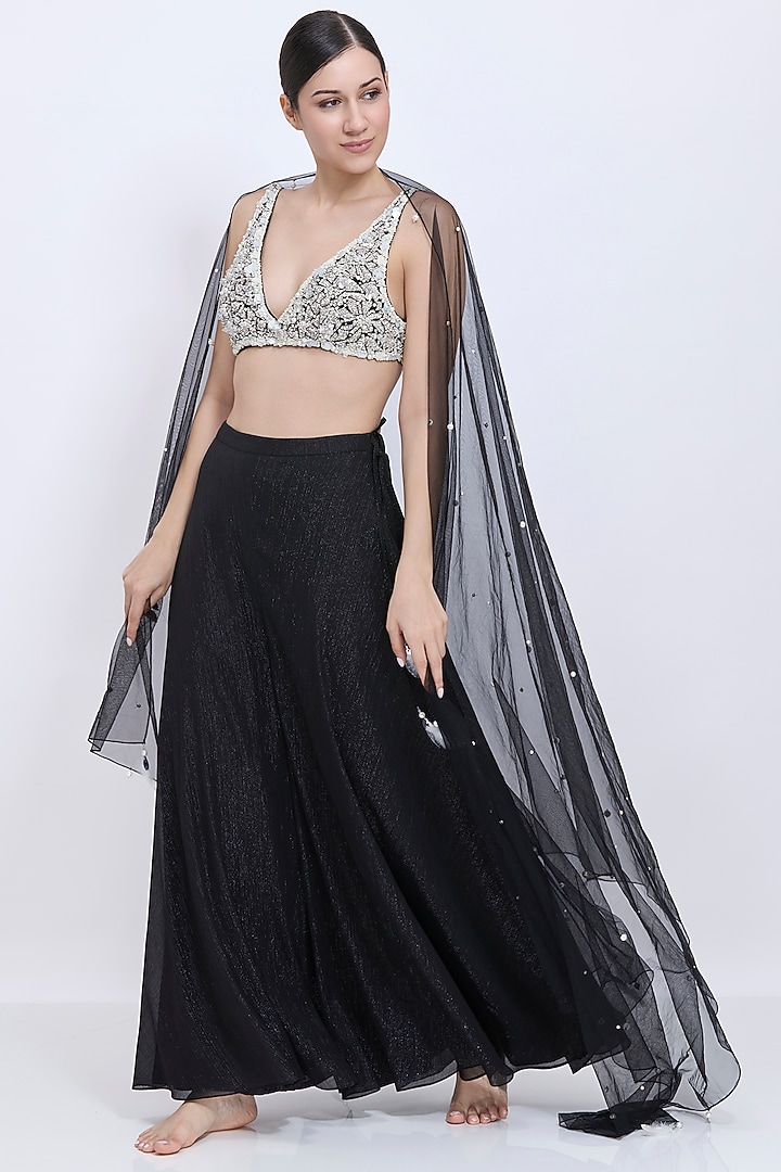 Black Net & Polyester Satin Hand Embroidered Blouse by Dilnaz Karbhary at Pernia's Pop Up Shop