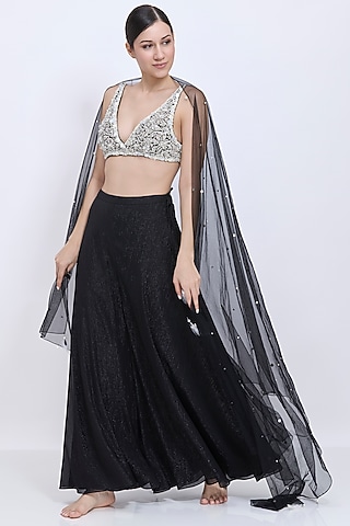 Black Net & Polyester Satin Hand Embroidered Blouse by Dilnaz Karbhary