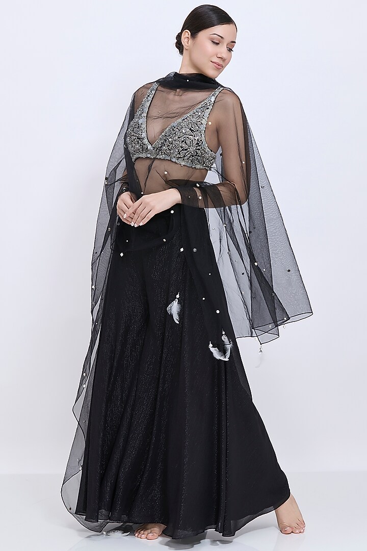 Black Net & Polyester Satin Hand Embroidered Blouse by Dilnaz Karbhary at Pernia's Pop Up Shop