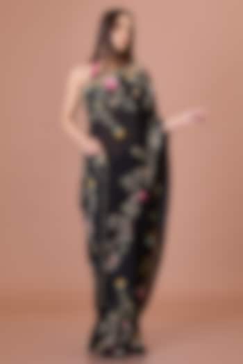 Black Georgette Hand & Machine Embroidered Reception Saree by Dilnaz Karbhary at Pernia's Pop Up Shop