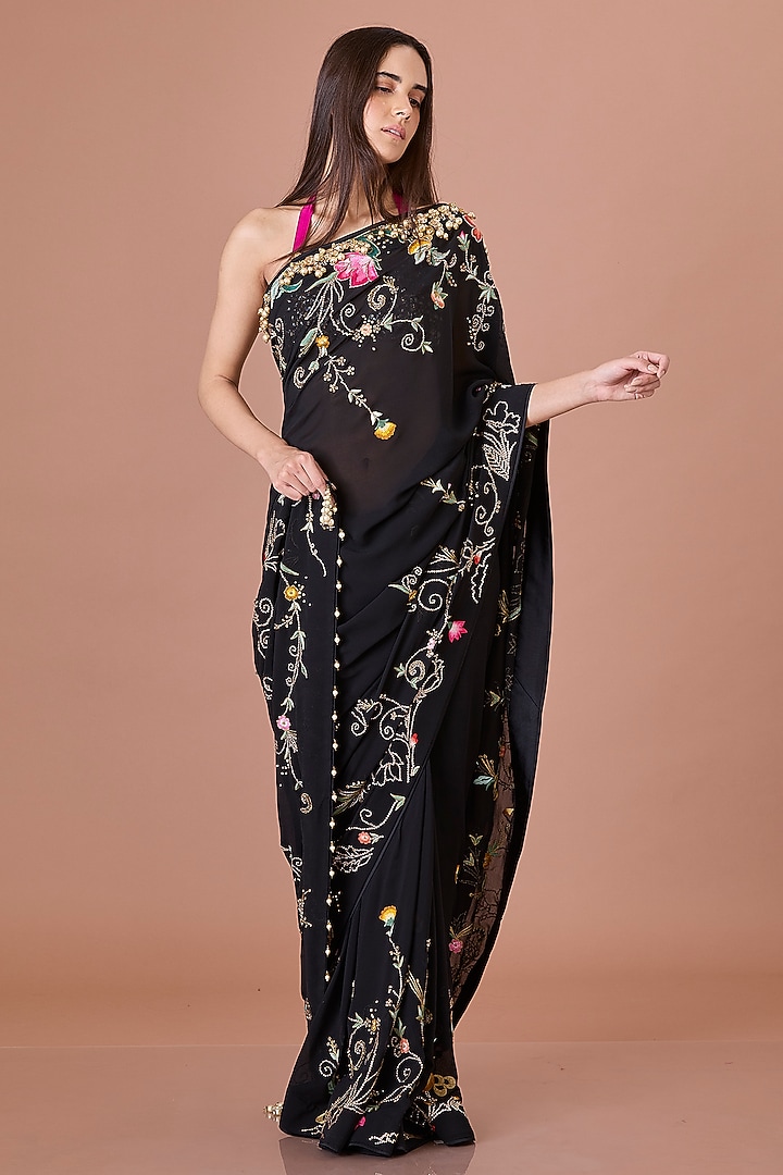 Black Georgette Hand & Machine Embroidered Reception Saree by Dilnaz Karbhary at Pernia's Pop Up Shop